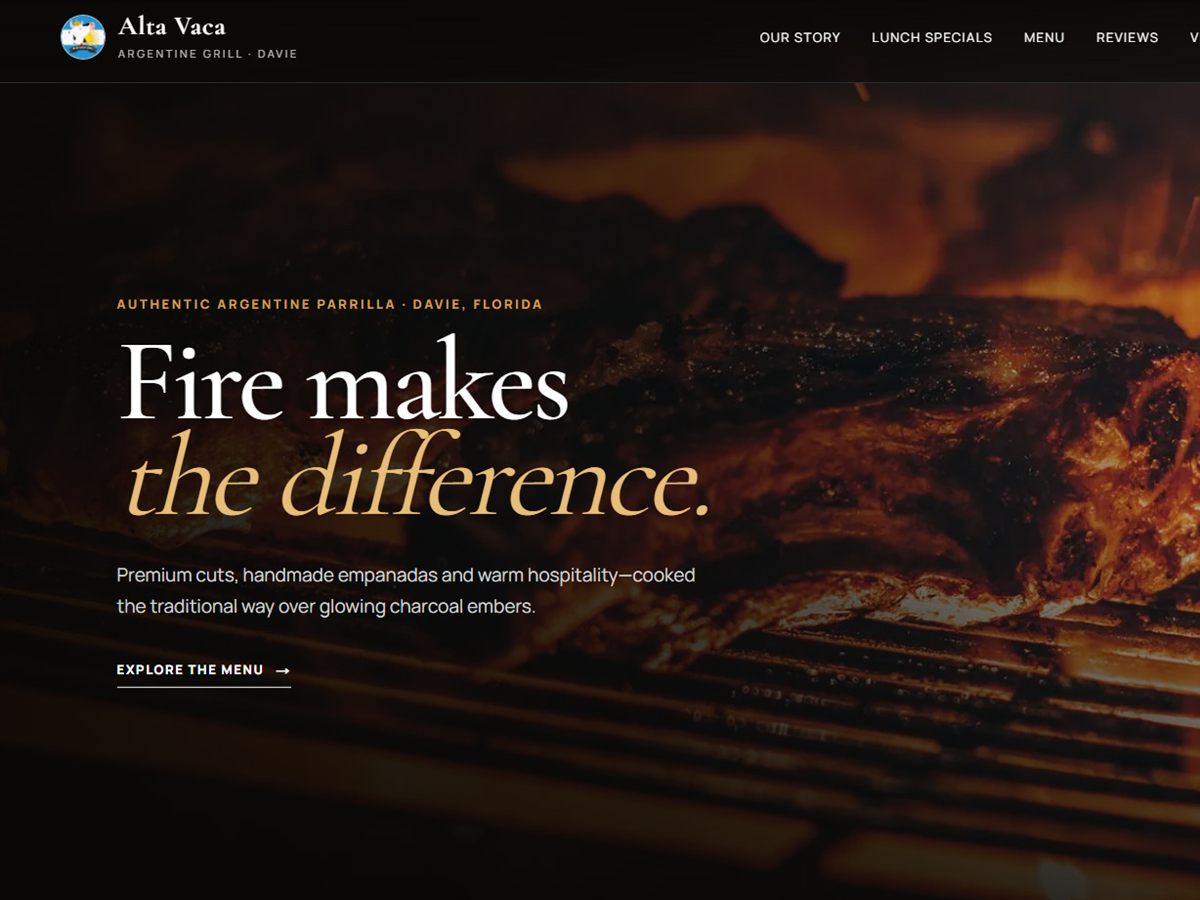 The Alta Vaca Grill home page: a headline reading Fire makes the difference, over a photograph of steak on a charcoal grill.