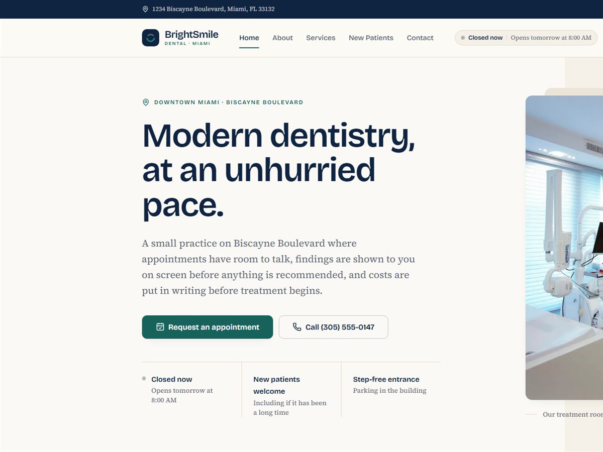 The BrightSmile Dental home page: a headline reading Modern dentistry, at an unhurried pace, with appointment and phone buttons.