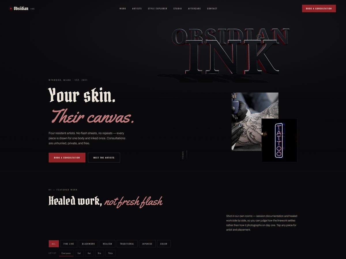 The Obsidian Ink home page: the studio name rendered as heavy three-dimensional lettering above a headline reading Your skin. Their canvas.